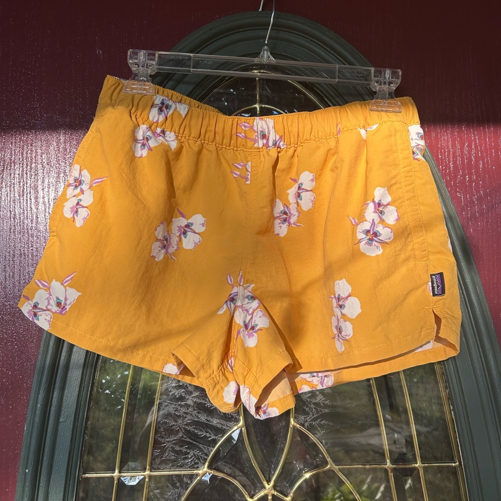 Patagonia Mustard Floral Barely Baggie Shorts.
